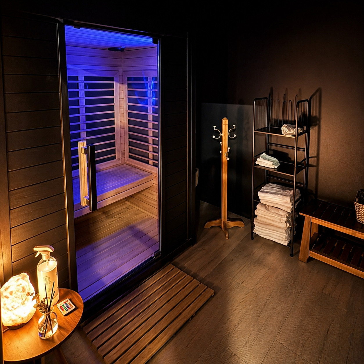 Blue-lit infrared cedar sauna with fresh towels