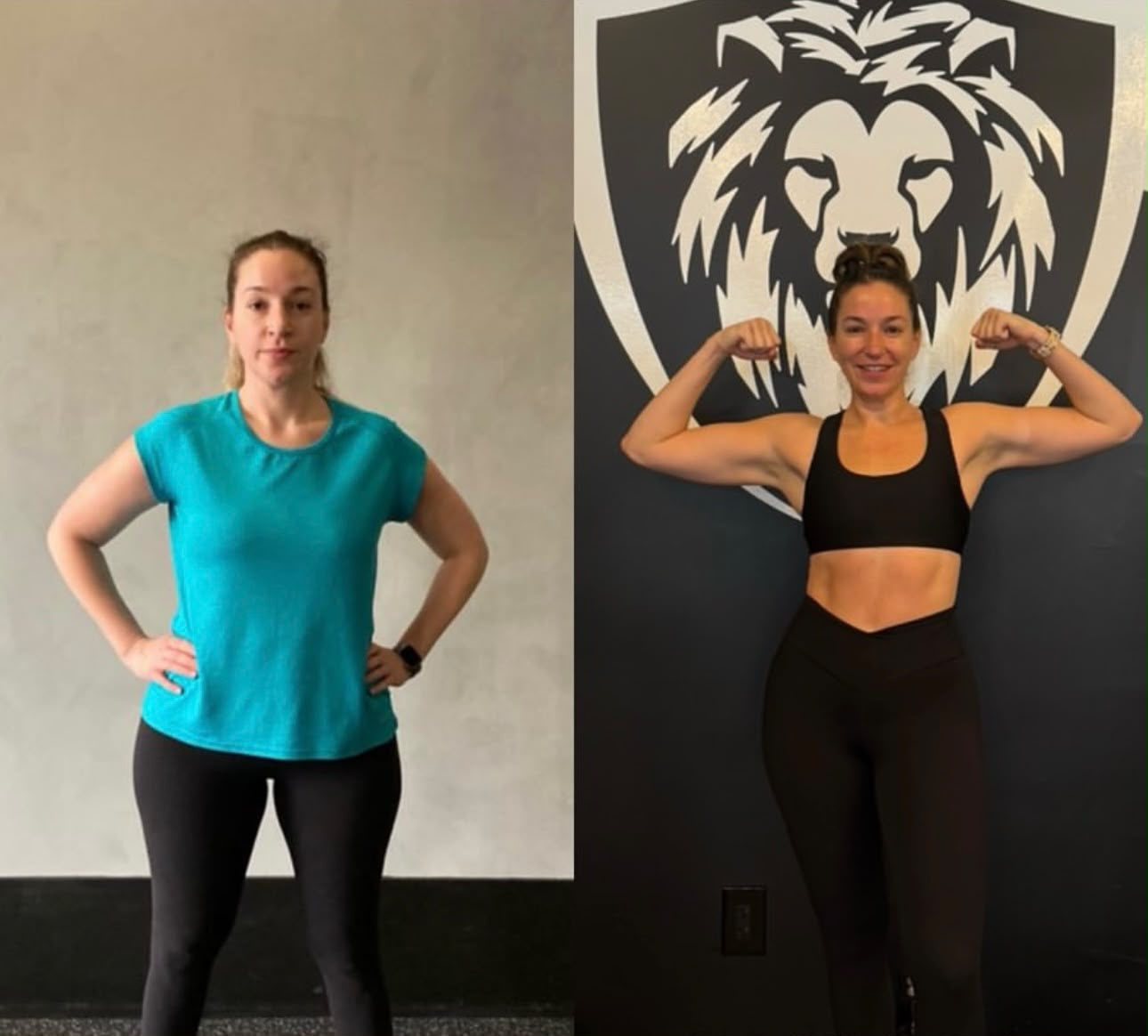 Client before and after — down body fat with visible muscle definition