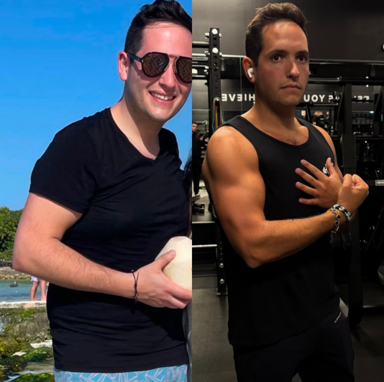 Client before and after — leaner, more athletic and defined physique