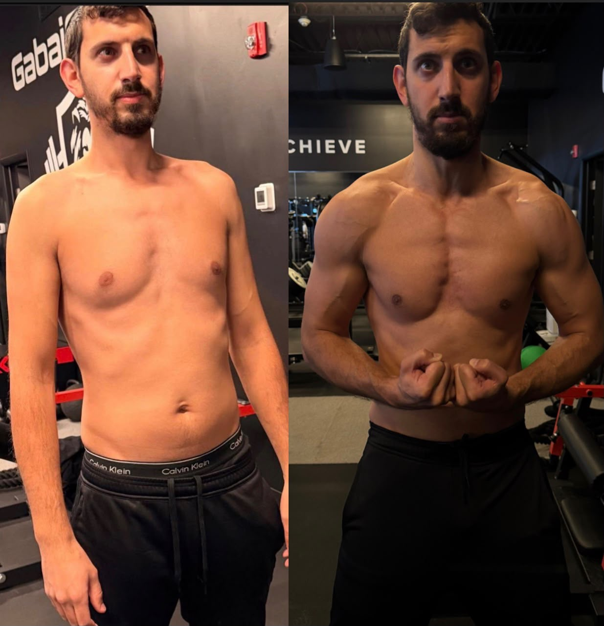 Client before and after — added lean muscle and abdominal definition