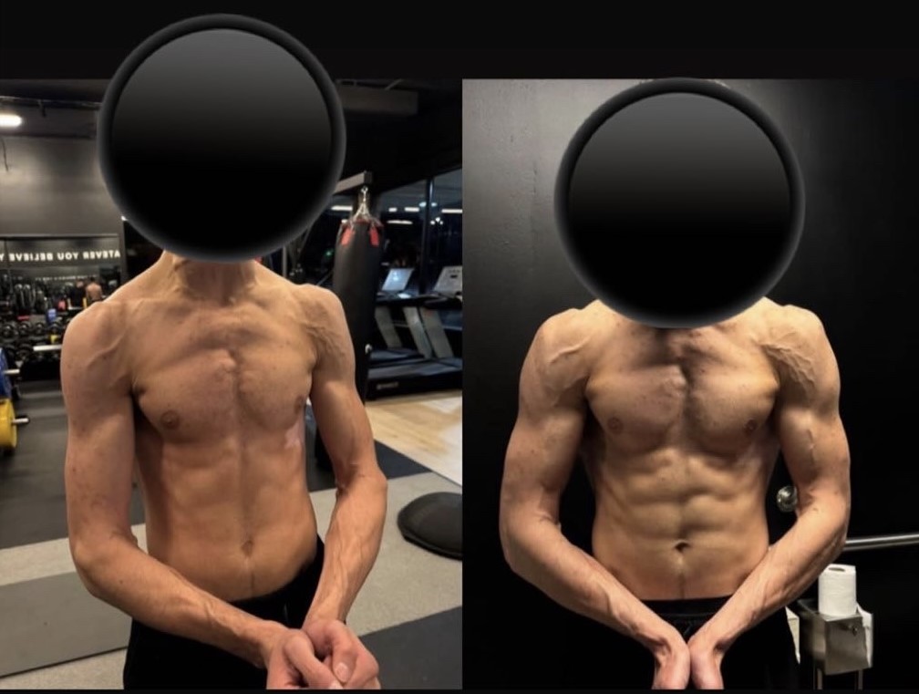 Client before and after — added lean muscle to a slim frame with visible definition