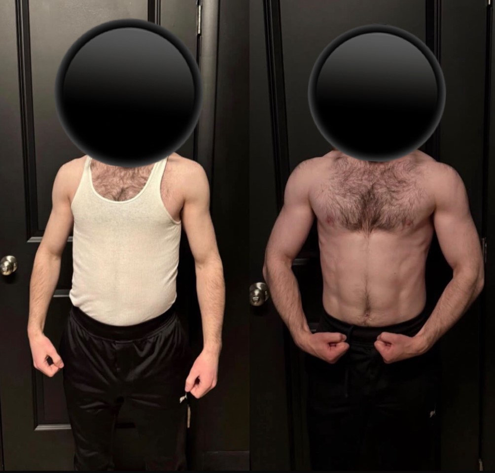 Client before and after — leaner, more muscular chest, shoulders, and arms